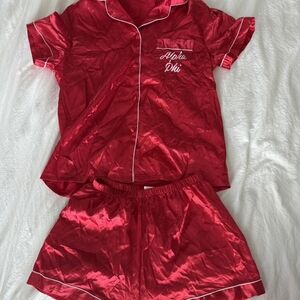 Red Satin Pajama Set with White Piping